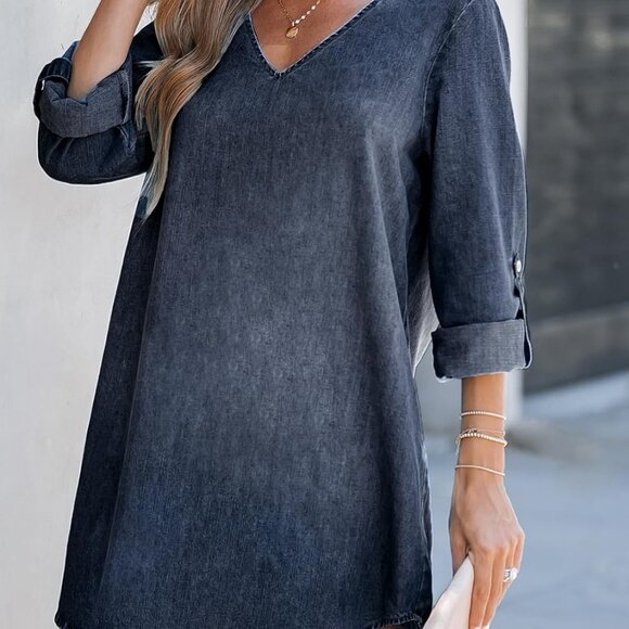 Women's Denim Shirt Dress Long Sleeve Casual Mini Distressed V Neck - Picture 7 of 8